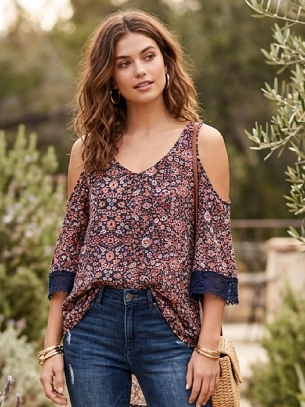 Xhilaration Small Boho Floral Cold Shoulder Blouse Navy Blue Crochet Lace Trim